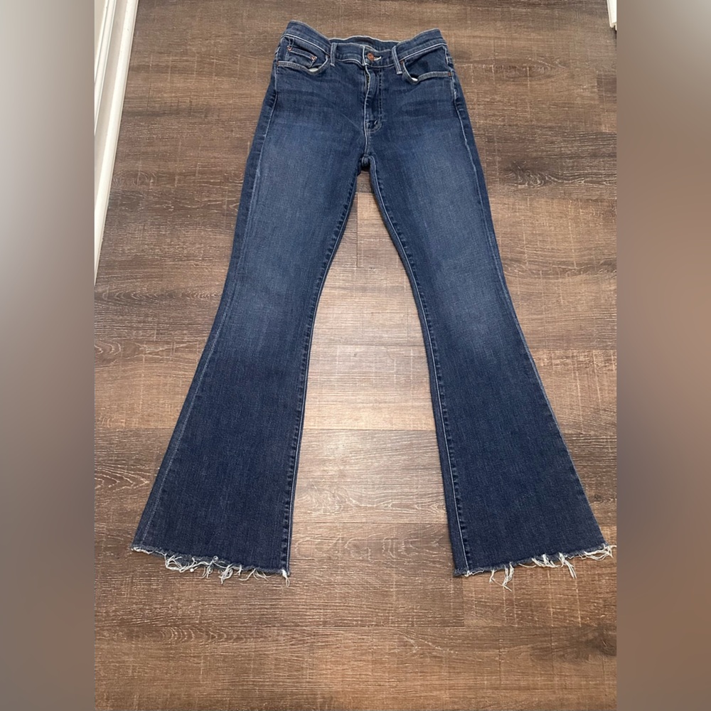 MOTHER Blue Denim Flare Jeans with Raw Hem